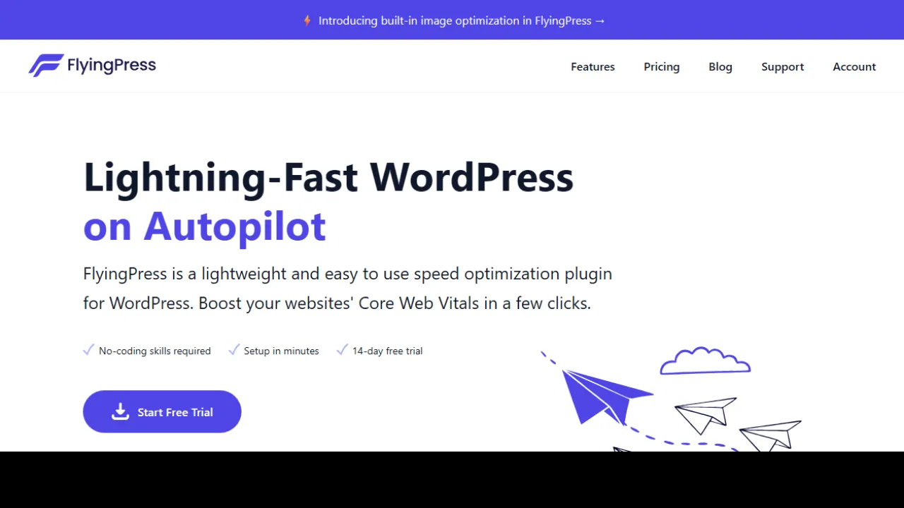 FlyingPress official homepage showcasing automated Core Web Vitals optimization, lazy rendering and script execution delay