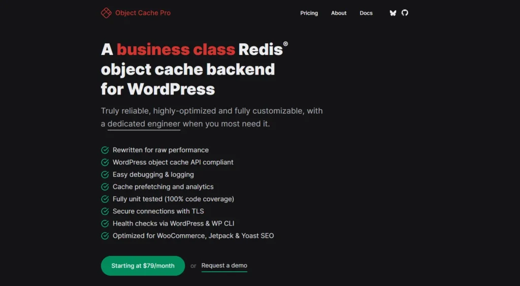Object Cache Pro official website highlighting high-throughput Redis caching for dynamic WooCommerce checkout performance