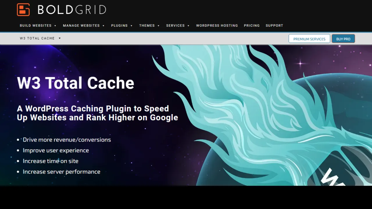 W3 Total Cache official product landing page on BoldGrid showcasing modular multi-tier caching and reverse proxy controls