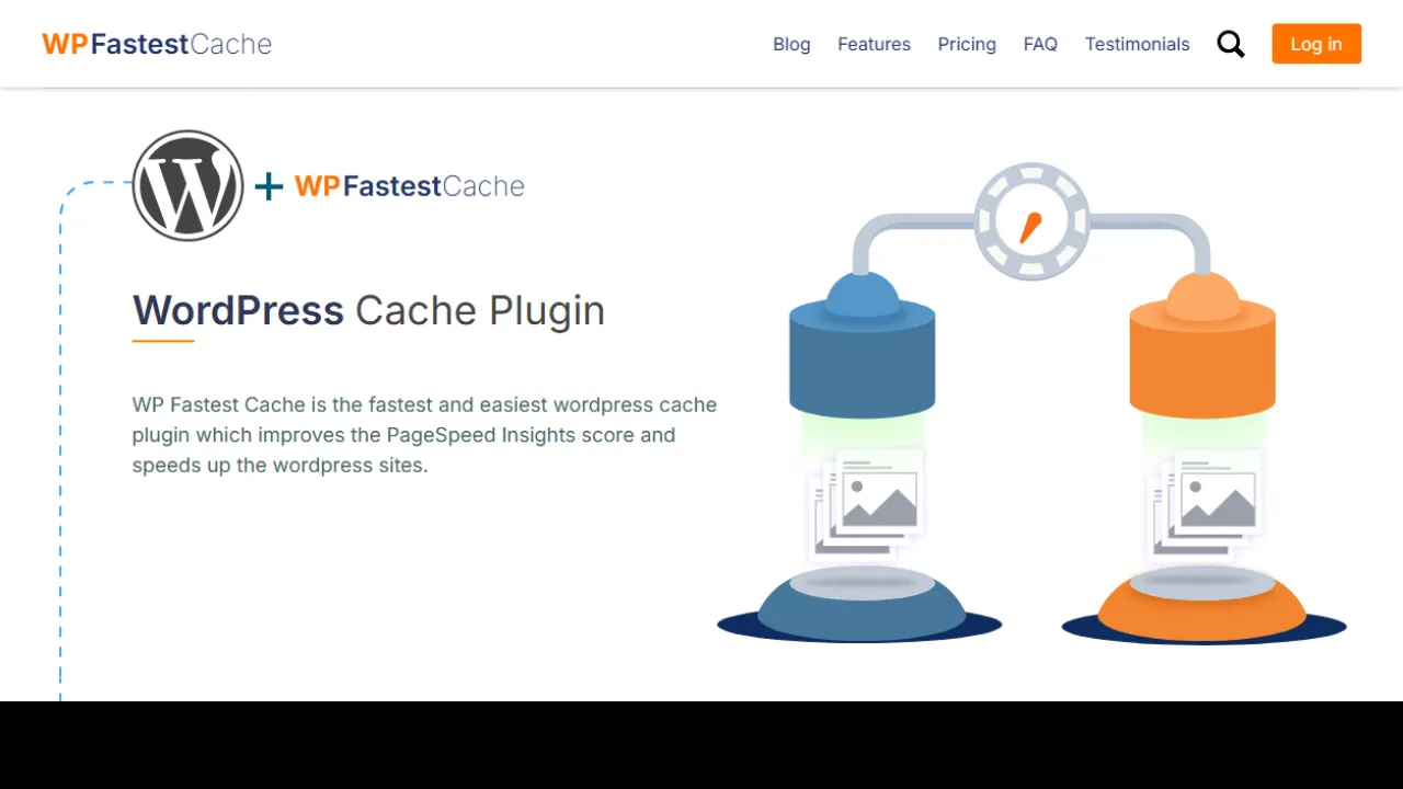 WP Fastest Cache official website showcasing 1-click checkbox speed optimization and desktop mobile cache rules