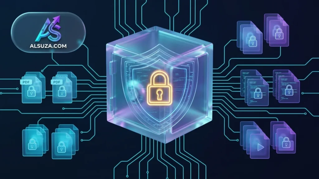 Best WordPress file protection plugins: 3D glassmorphic security vault protecting digital files, PDFs and server scripts by alsuza.com