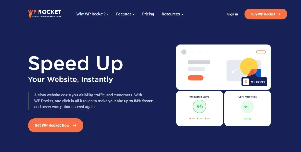 best WordPress cache plugin - wp rocket official website homepage highlighting instant WordPress speed acceleration and Core Web Vitals optimization