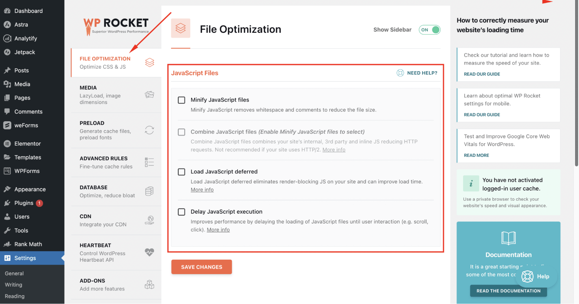 javascript file optimization with WP Rocket